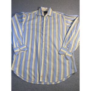 Thomas Dean Mens XL Shirt Long Sleeve Button-Front Light BlueStriped 100% Cotton